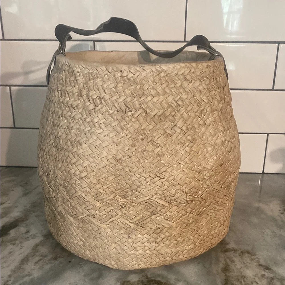 Large concrete woven basket planter with vegan leather handle. Heavy. Artsy boho